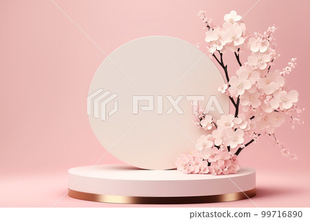 Empty round podium for product display on pink background with cherry blossoms. Generative AI illustration Empty round podium for product display on pink background with cherry blossoms. Generative AI illustration 99716890