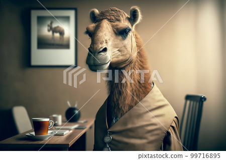 Camel in a business suit in the office. Psychological type of office employee or boss concept. Generative AI illustration Camel in a business suit in the office. Psychological type of office employee or boss concept. Generative AI illustration 99716895