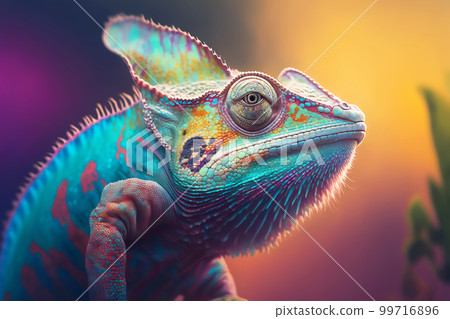 Close-up portrait of a chameleon with bright exotic skin in colorful colors. Generative AI illustration 99716896