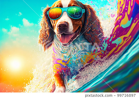Funny dog in sunglasses rides a surfboard on the ocean waves. Summer vacation concept. Generative AI illustration Funny dog in sunglasses rides a surfboard on the ocean waves. Summer vacation concept. Generative AI illustration 99716897