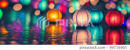 Banner with Paper lanterns float on dark water. Traditional Floating Lantern Festival, Memorial Day. Generative AI illustration Banner with Paper lanterns float on dark water. Traditional Floating Lantern Festival, Memorial Day. Generative AI illustration 99716905