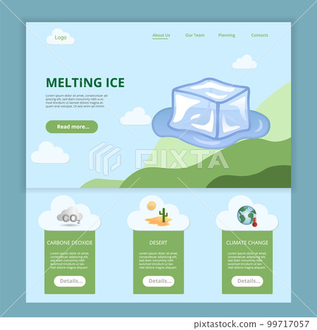 Melting ice flat landing page website template. Carbone dioxide, desert, climate change. Web banner with header, content and footer. Vector illustration. 99717057