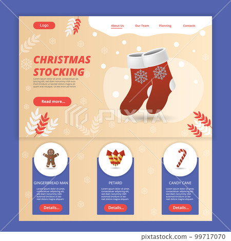 Christmas stocking flat landing page website template. Gingerbread man, petard, candy cane. Web banner with header, content and footer. Vector illustration. 99717070