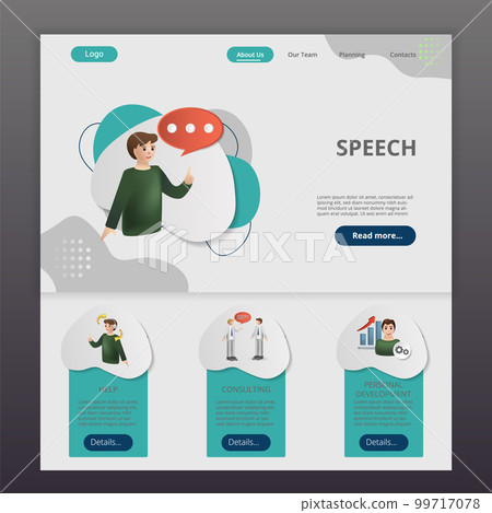 Speech flat landing page website template. Help, consulting, personal development. Web banner with header, content and footer. Vector illustration. 99717078