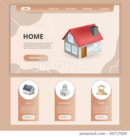 Home flat landing page website template. Villa, government, bank. Web banner with header, content and footer. Vector illustration. 99717094