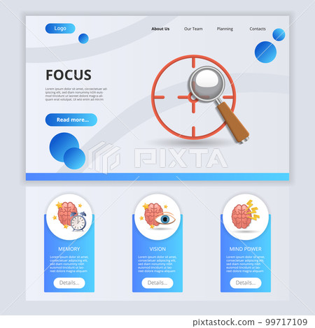 Focus flat landing page website template. Memory, vision, mind power. Web banner with header, content and footer. Vector illustration. Focus flat landing page website template. Memory, vision, mind power. Web banner with header, content and footer. Vector illustration. 99717109