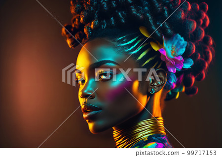Fashion portrait beautiful black woman in neon studio lighting. Generative AI illustration Fashion portrait beautiful black woman in neon studio lighting. Generative AI illustration 99717153