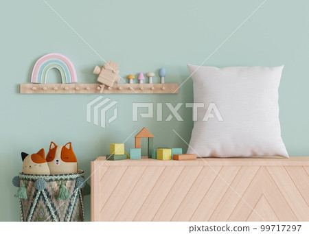 White square pillow in kids room. Blank cushion case template for your graphic design presentation. Pillow cover mock up for print, pattern, personalized illustration. Close-up. 3D rendering. 99717297