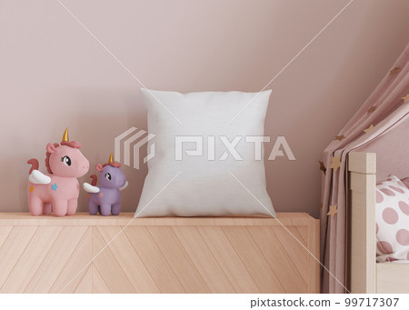 White square pillow in kids room. Blank cushion case template for your graphic design presentation. Pillow cover mock up for print, pattern, personalized illustration. Close-up. 3D rendering. 99717307