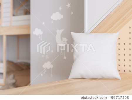White square pillow in kids room. Blank cushion case template for your graphic design presentation. Pillow cover mock up for print, pattern, personalized illustration. Close-up. 3D rendering. White square pillow in kids room. Blank cushion case template for your graphic design presentation. Pillow cover mock up for print, pattern, personalized illustration. Close-up. 3D rendering. 99717308