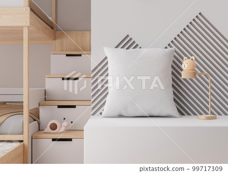 White square pillow in kids room. Blank cushion case template for your graphic design presentation. Pillow cover mock up for print, pattern, personalized illustration. Close-up. 3D rendering. White square pillow in kids room. Blank cushion case template for your graphic design presentation. Pillow cover mock up for print, pattern, personalized illustration. Close-up. 3D rendering. 99717309