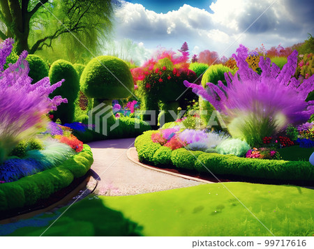 Enchanted garden A magical garden in spring. - Stock Illustration