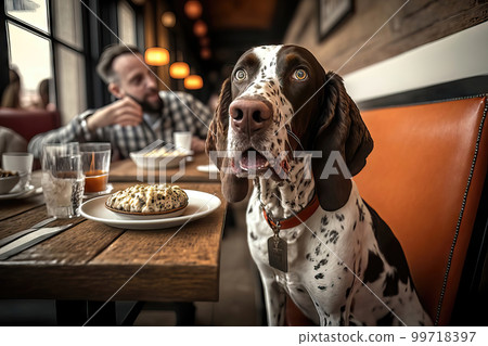 AI generated English pointer dog  in dog friendly restaurant 99718397