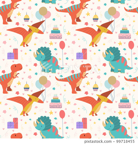Dino birthday party pattern seamless dinosaur kid holiday celebration illustration Baby design for birthday invitation or baby shower, poster, clothing, nursery wall art and card. EPS 99718455