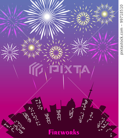 City skyline with festive fireworks. Glowing light over the city. Vector holiday cityscape background 99718510