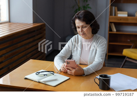 European middle aged senior woman holding using smartphone touch screen typing scroll page. Stylish older mature 60s lady with cell phone using internet social media apps at home. Shopping online 99719187