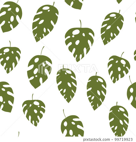 Green and white seamless pattern with sprigs. Vector stock illustration for fabric, textile, wallpaper, posters, paper. Fashion print. Branch with monstera leaves. Doodle style 99719923