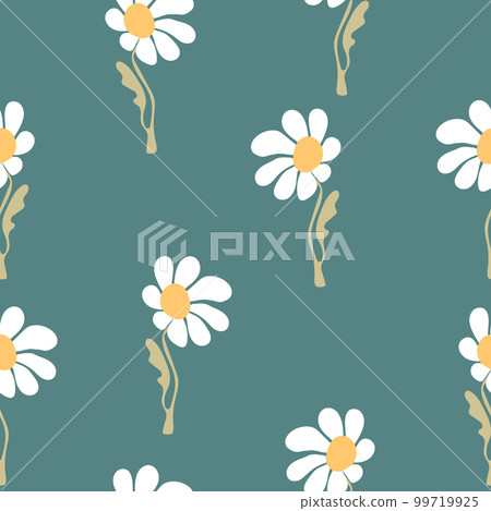 Seamless floral pattern based on traditional folk art ornaments. Colorful chamomile, daisy flowers on color background. Scandinavian style. Vector illustration. Simple minimalistic pattern 99719925