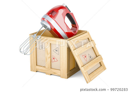 Hand kitchen mixer inside wooden box, delivery concept. 3D rendering Hand kitchen mixer inside wooden box, delivery concept. 3D rendering 99720283