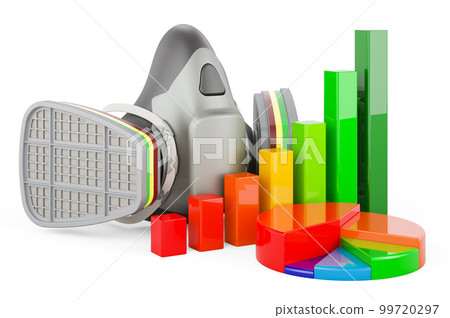Reusable Half Face Cover, respirator with growth bar graph and pie chart. 3D rendering 99720297