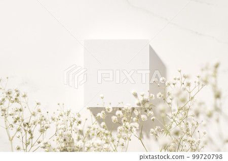 Summer minimal scene for beauty cosmetic product presentation made with white cube and wild flowers on white background. 99720798