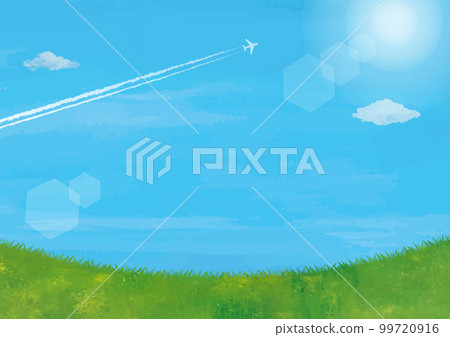 Blue sky, meadow and airplane cloud watercolor painting 99720916