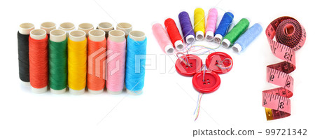 Set of thread spools, buttons and measuring tape isolated on white background. Wide photo. Collage. Set of thread spools, buttons and measuring tape isolated on white background. Wide photo. Collage. 99721342