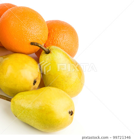 Oranges and pears isolated on white. Free space for text. 99721346
