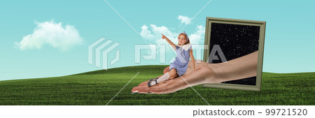 Contemporary art collage. Creative design. Little cute girl, child sitting on hand appearing from space frame and looking on green field Contemporary art collage. Creative design. Little cute girl, child sitting on hand appearing from space frame and looking on green field 99721520