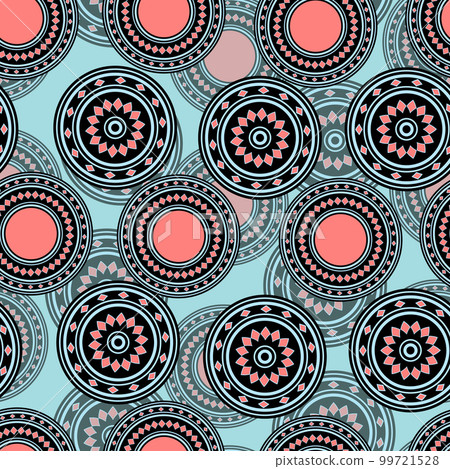 Seamless pattern with geometric aboriginal ornament. Ethnic tribal rounded color background. Afican, australian motiph. Dots painting. Vector illustration, template design for cloth, card, fabric Seamless pattern with geometric aboriginal ornament. Ethnic tribal rounded color background. Afican, australian motiph. Dots painting. Vector illustration, template design for cloth, card, fabric 99721528