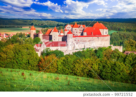 Harburg, Swabia. Beautiful medieval castle in historical Bavaria, Germany. Wornitz River rural. 99721552