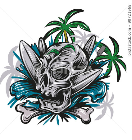 skull head on the beach with a surfboard. vector illustration 99721968