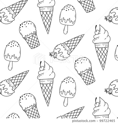 Seamless pattern with ice cream in doodle style. Vector illustration. Linear print with ice cream. Seamless pattern with ice cream in doodle style. Vector illustration. Linear print with ice cream. 99722465