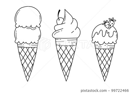 Set of ice creams in doodle style. Vector illustration. Linear style. Ice cream in a waffle cone with tubers. Set of ice creams in doodle style. Vector illustration. Linear style. Ice cream in a waffle cone with tubers. 99722466