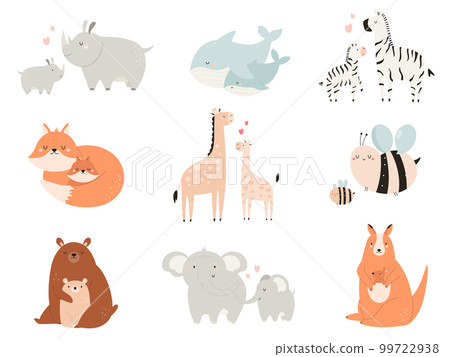 Vector illustrations of cute baby animals with parents. 99722938