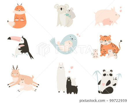 Vector illustrations of cute baby animals with parents. 99722939