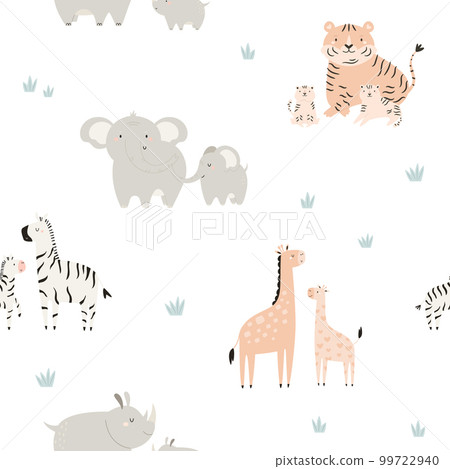 Seamless pattern with cute african baby animals and their mothers on white background. Seamless pattern with cute african baby animals and their mothers on white background. 99722940