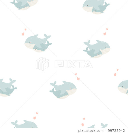 Seamless pattern with cute mother whale and baby on white background. Seamless pattern with cute mother whale and baby on white background. 99722942