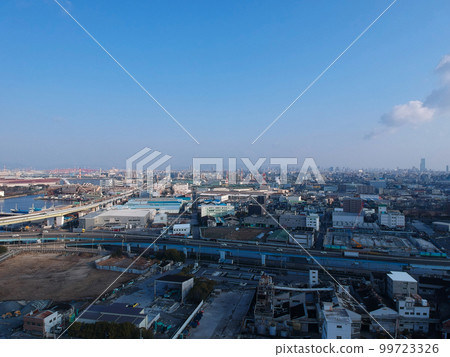 Panoramic view of the port of Sakai City, Osaka Prefecture, taken from an aerial view Panoramic view of the port of Sakai City, Osaka Prefecture, taken from an aerial view 99723326