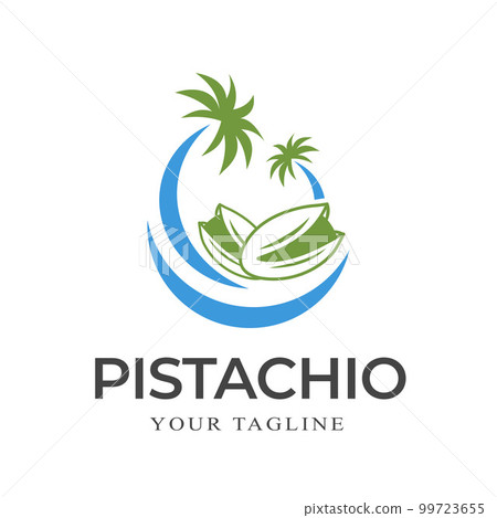 Pistachio nuts with sea and palm tree symbol, logo template. Pistachio seeds with shell, vector design. Vegetarian and organic, natural food and nutrition, design illustration Pistachio nuts with sea and palm tree symbol, logo template. Pistachio seeds with shell, vector design. Vegetarian and organic, natural food and nutrition, design illustration 99723655