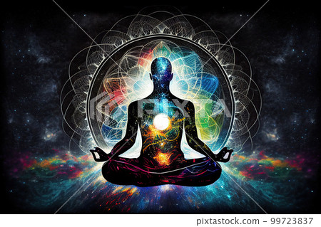 Astral body silhouette in lotus pose practicing yoga against cosmic background. Meditation, connection with other worlds. Spiritual life and esoteric concept. Created with Generative AI 99723837