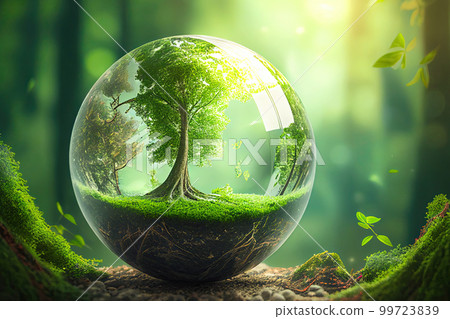 Green tree in glass globe in nature landscape. Taking care of the environment. Save planet concept. Created with Generative AI 99723839