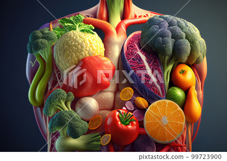 Healthy nutrition and diet concept. Human body made of fresh fruits and vegetables. Crerated with Generative AI 99723900