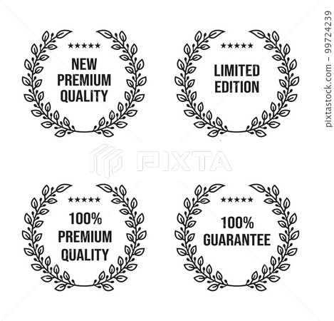 Set of Laurel Leaf for New Premium quality,Limited edition,100% Premium Quality,100% Guarantee. Badge Emblem Label Design Vector Set of Laurel Leaf for New Premium quality,Limited edition,100% Premium Quality,100% Guarantee. Badge Emblem Label Design Vector 99724239