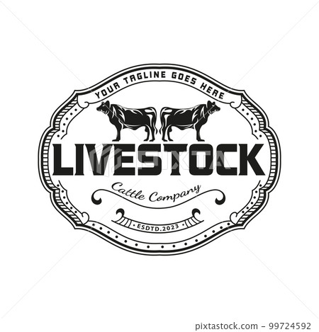Retro Vintage illustration of Livestock Beef Emblem Cattle logo label, Typography vector design stamp. 99724592