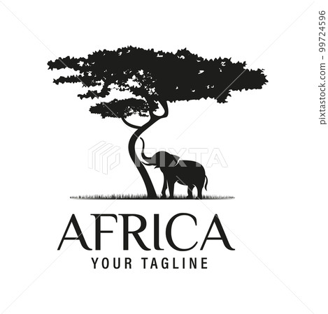 African Acacia Tree with African Elephant Silhouette for Safari Adventure Logo Design Vector 99724596