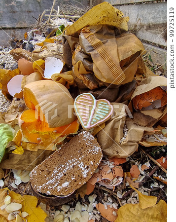 Wooden compost bin with organic food waste. Zero waste concept, organic recycling, ecological composting of food and garden waste. Vegetables, egg shell, cafe filter, rooten food, ugly food 99725119