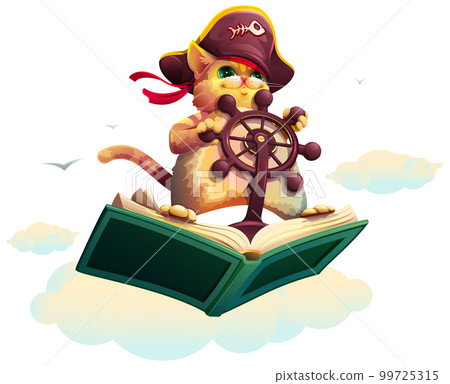 Pet cat pirate fly open book illustration. Reading dream flight journey happy childhood concept 99725315