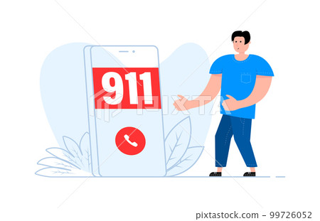 A man stands near the smartphone, on the screen Emergency Telephone Call 911 99726052
