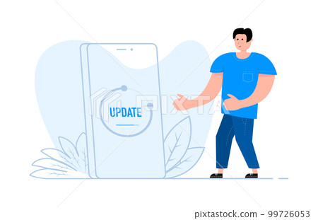 A man stands near the smartphone, on the screen System software update and upgrade A man stands near the smartphone, on the screen System software update and upgrade 99726053